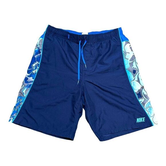 Nike Mens Large Blue Board Shorts Swim Trunks Floral Drawstring Bathing Suit - Picture 1 of 7
